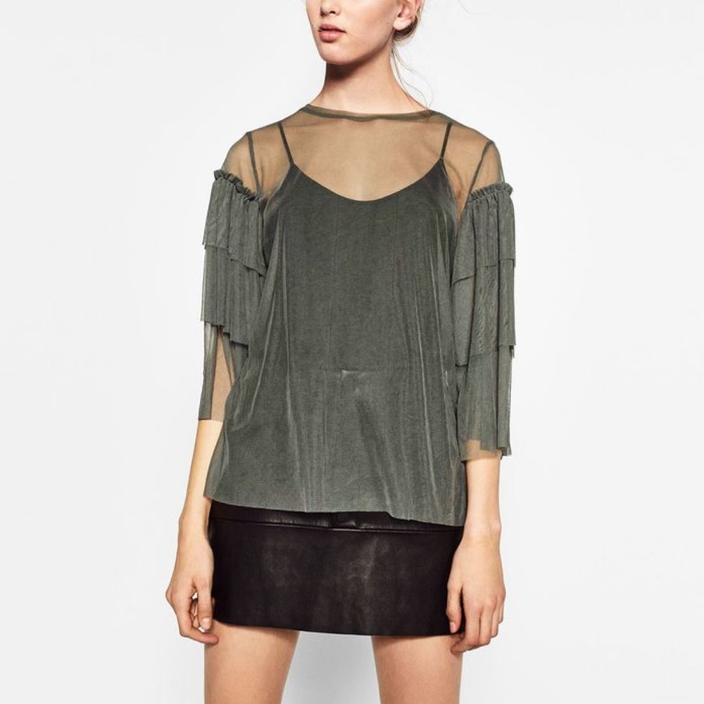 Zara Blouse Top Sheer Dark Green  M